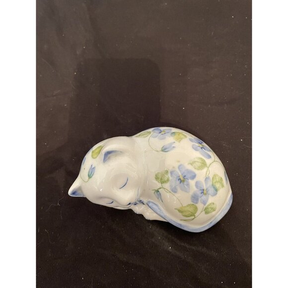 Sweet Porcelain SLEEPING CAT Floral Forget Me Knots  Andrea by Sadek Thailand - Picture 5 of 9